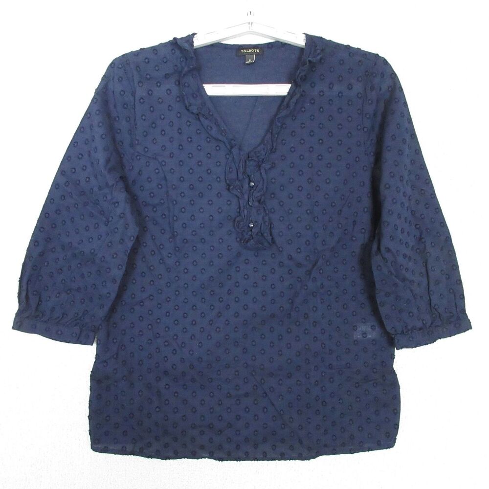 Talbots Blouse Womens Small‎ Blue Swiss Dot Ruffle V-Neck 3/4 Sleeve Cotton